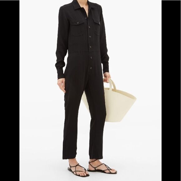 Women’s White Story Button Down Black Minimalist Jumpsuit Romper Sz M - Picture 1 of 10